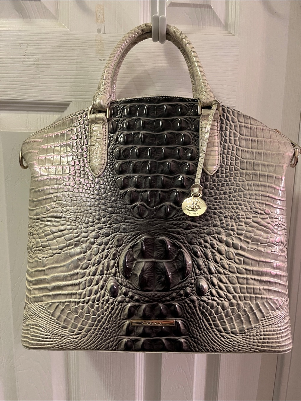 NWT-Brahmin Black and White Croc-Embossed Leather Large Duxbury Bag